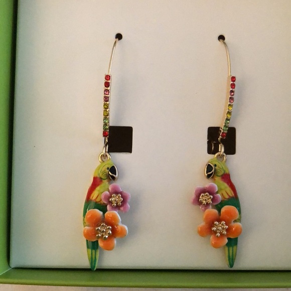 Betsey Johnson Gold Tone Rainbow Enamel Parrot & Flower Drop Earrings NIB - Picture 4 of 16